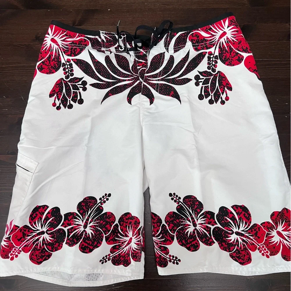 Hurley White Swim Shorts with Red and Black Floral Print